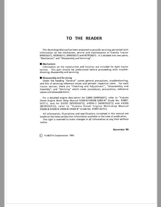 Kubota M4950, M5950, M6950, M7950 Tractor Workshop Repair Manual PDF service repair manual cover