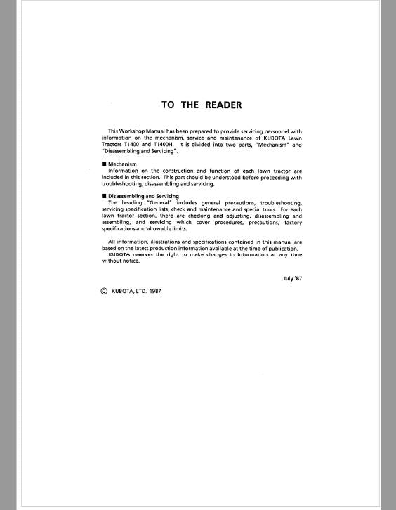 Kubota T1400, T1400H Lawn Mower Workshop Repair Manual PDF service repair manual cover
