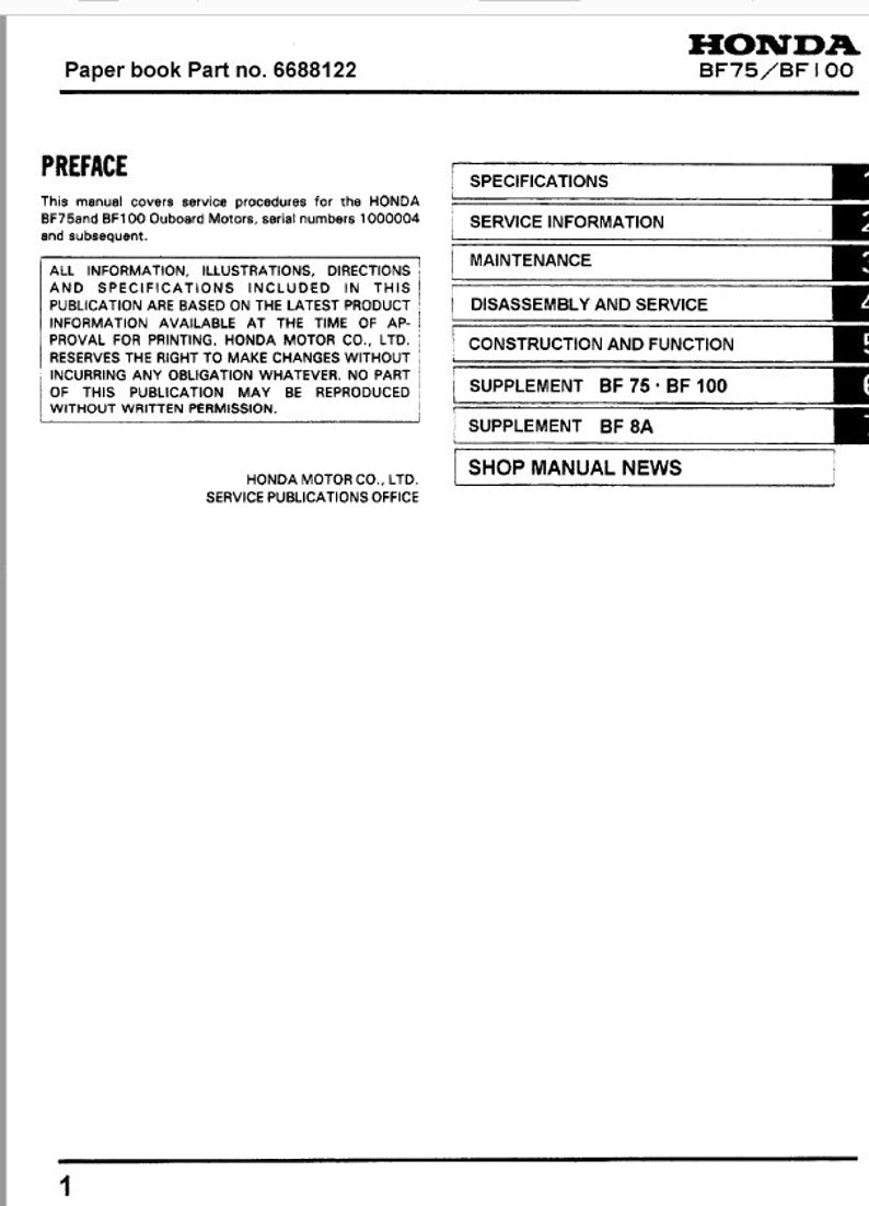 Honda BF8A Service Manual service manual preview page 2