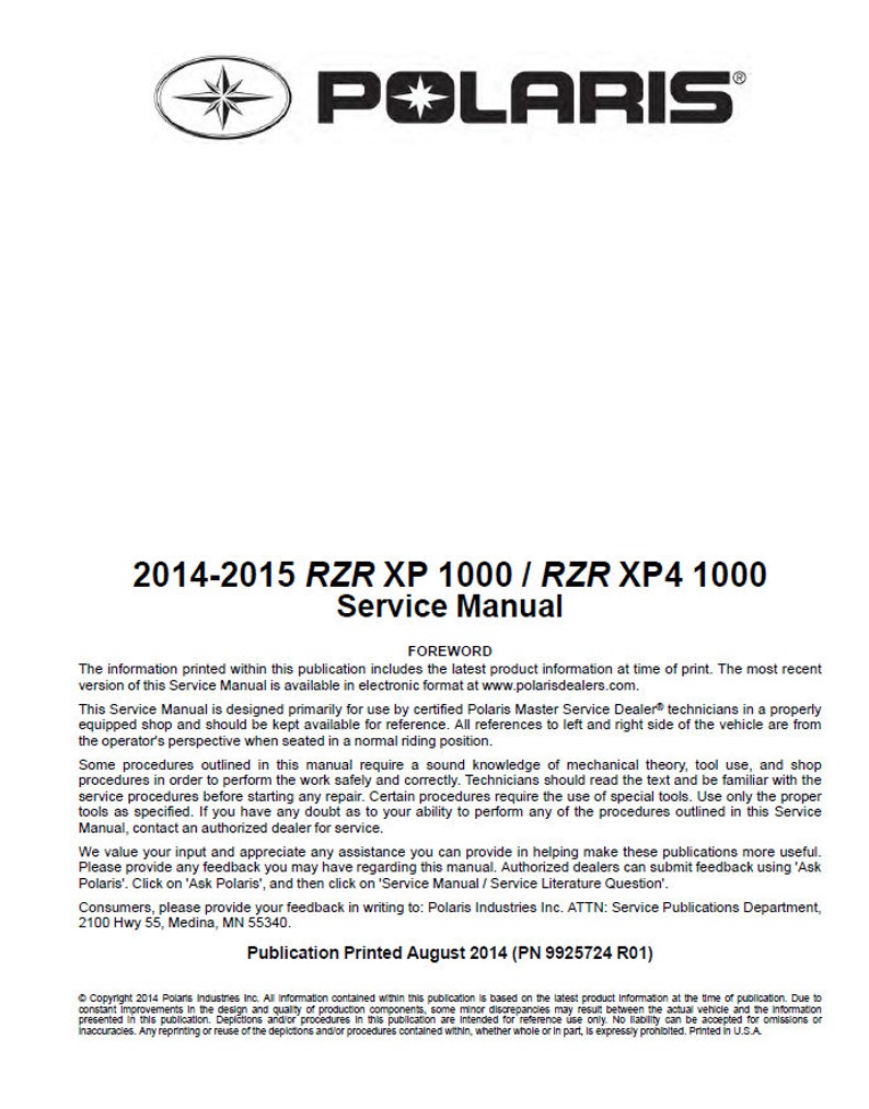 Polaris RZR 1000 XP XP4 Service Manual service manual preview page 2