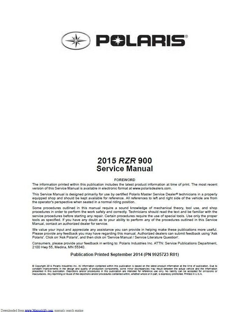 Polaris RZR 900 EPS S XC Service Manual service manual preview page 2