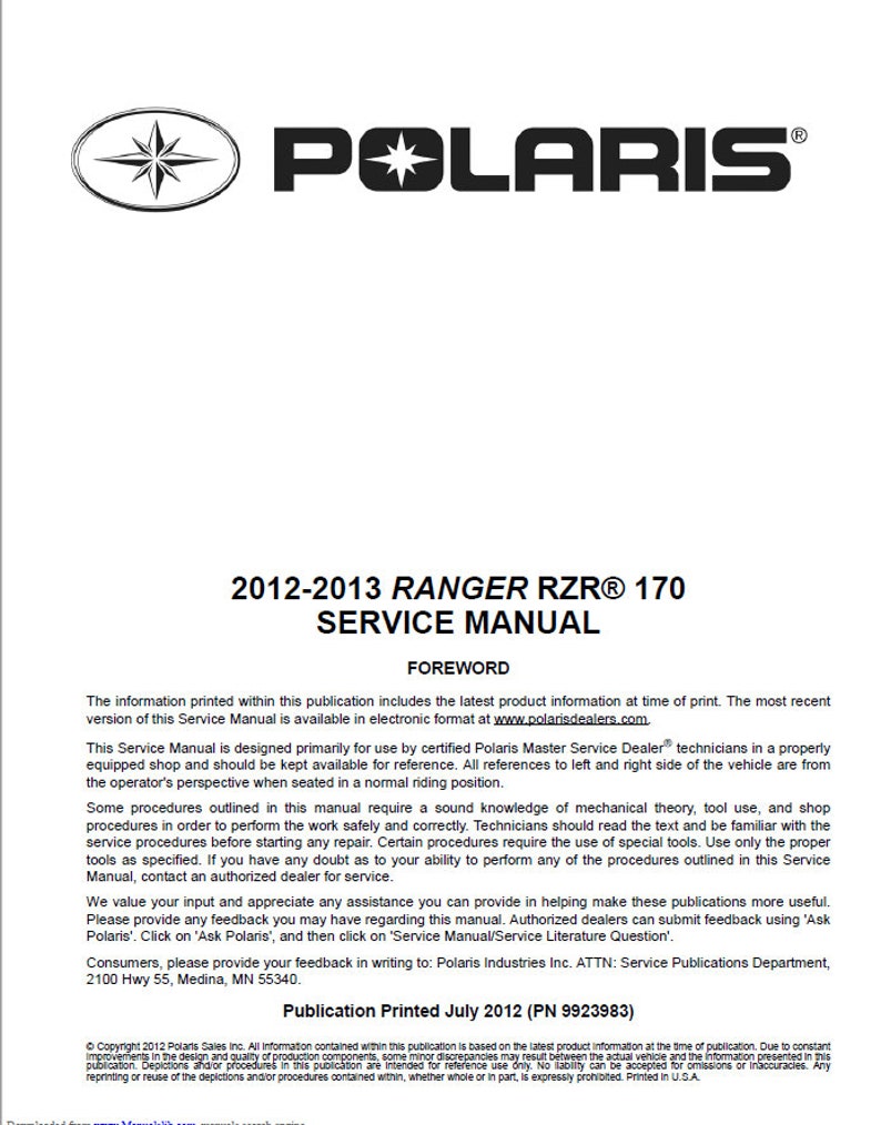 Polaris RZR 170 Service Manual service manual preview page 2