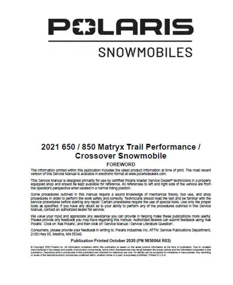2021-2025 Polaris MATRYX Indy Switchback XCR 650 850 Service Manual service manual preview page 5