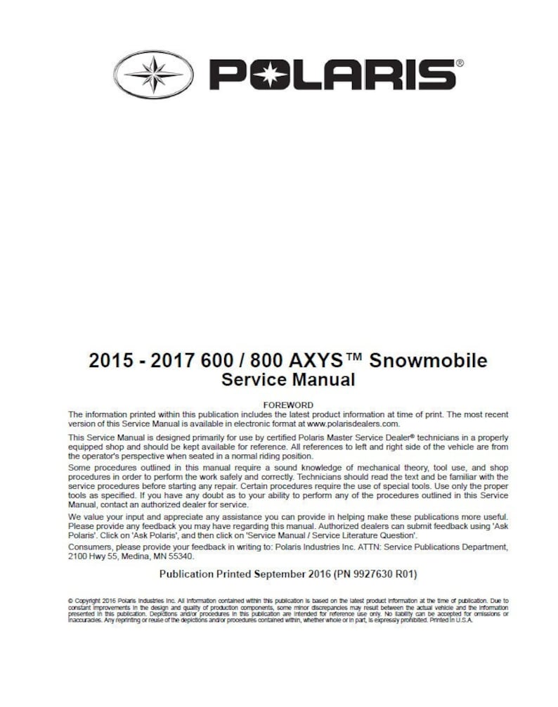 2015-2017 Polaris Rush Switchback XCR RMK 600 800 Service Manual service manual preview page 2