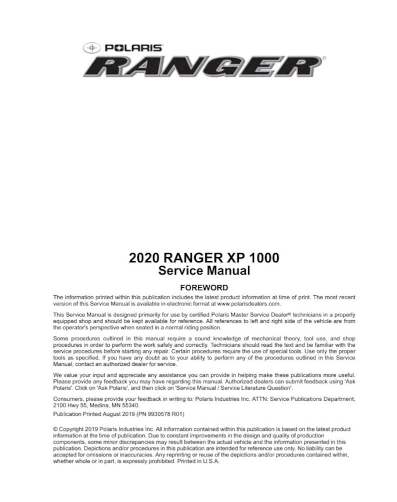 Polaris Ranger XP 1000 Service Manual service manual preview page 2