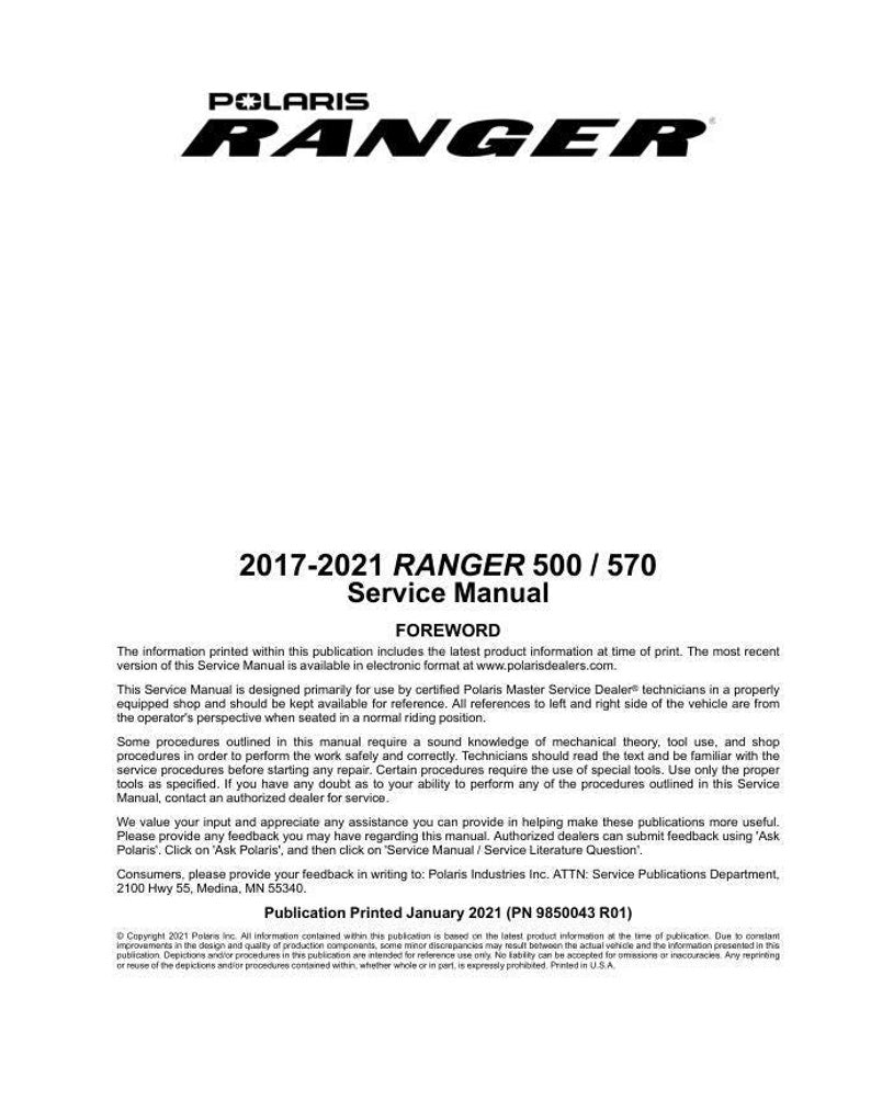 2017-2021 Polaris Ranger 500 570 Service Manual service manual preview page 2