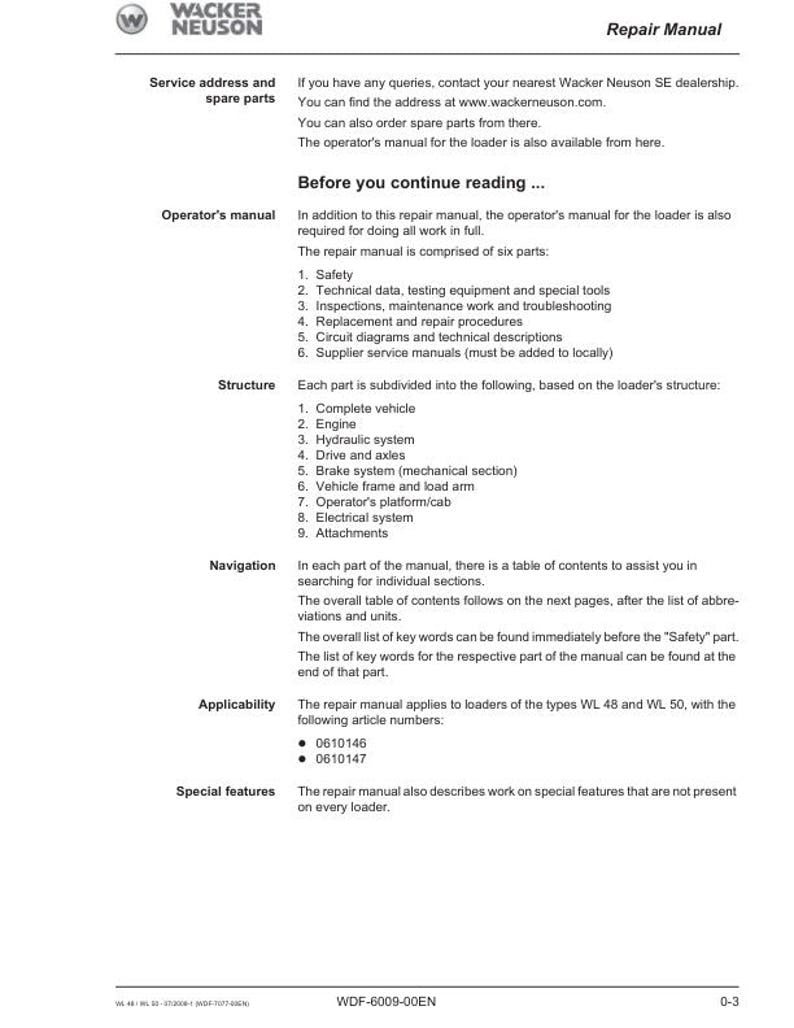 Wacker Neuson WL 48 50 Wheel Loader Service Manual service manual preview page 3