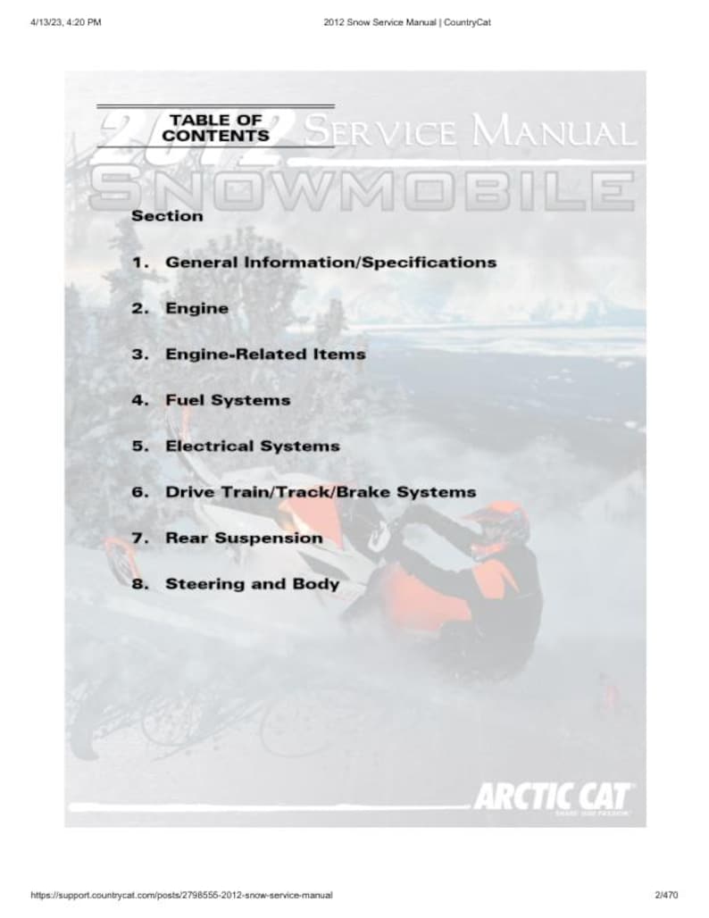 2012-2017 Arctic Cat Bearcat F5 F800 F1100 T570 TZ1 XF M Service Manual service manual preview page 2
