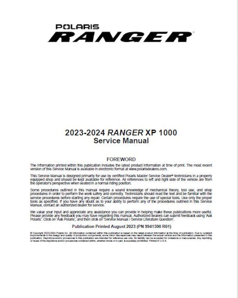 Polaris Ranger XP 1000 Service Manual service manual preview page 2