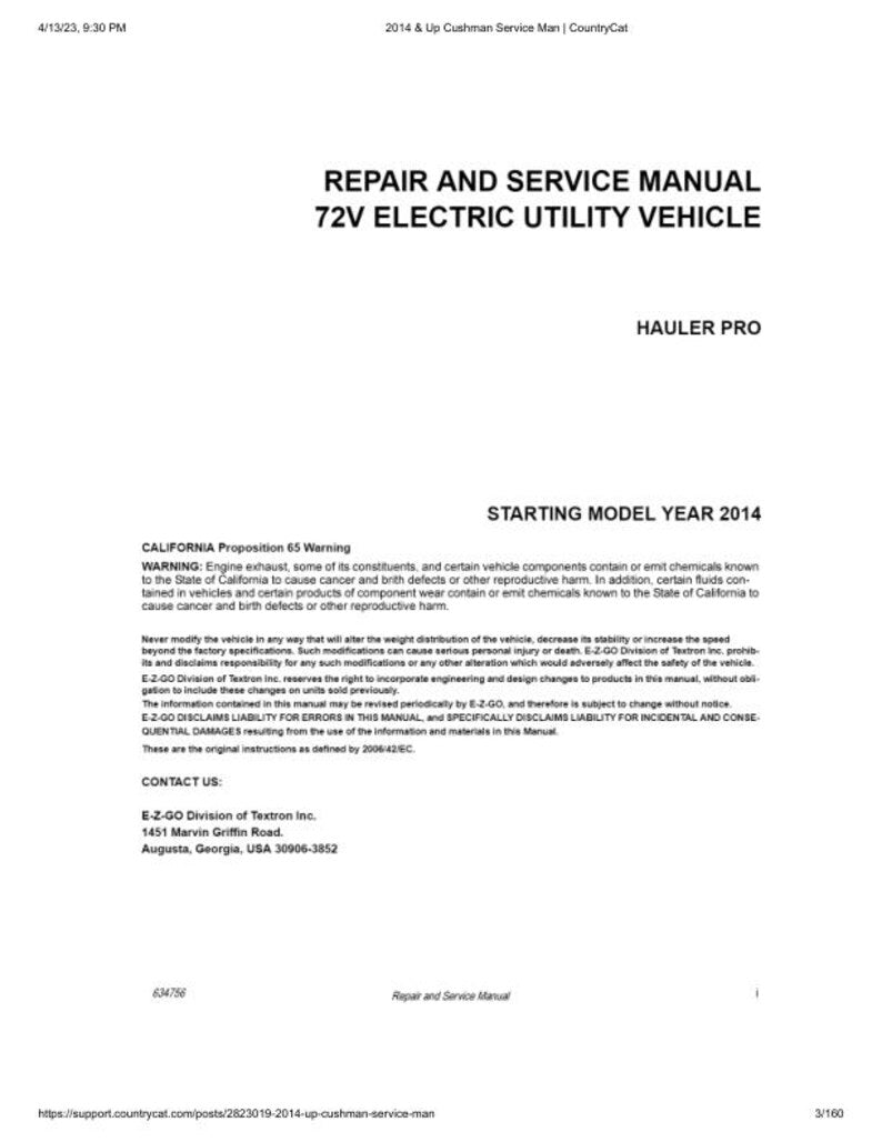 Cushman Hauler Pro 72V Service Manual service manual preview page 2