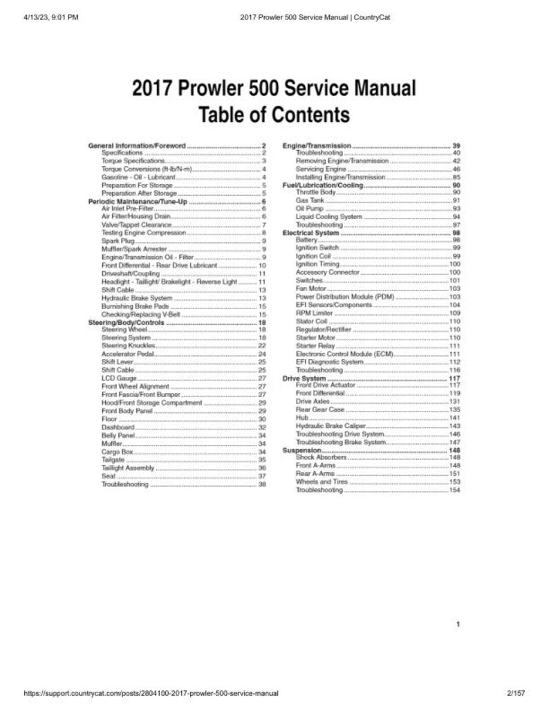 2017 Arctic Cat Prowler 500 Service Manual service manual preview page 3