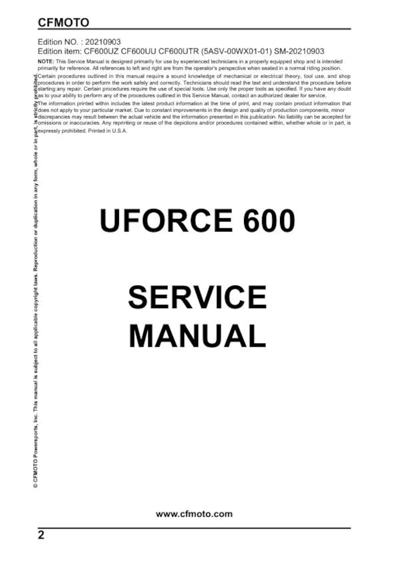 CFMOTO UFORCE 600 Service Manual service manual preview page 2