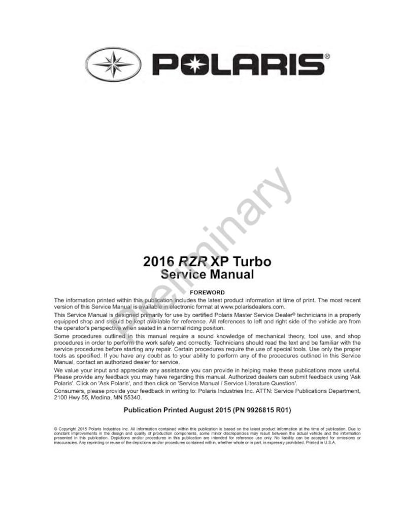 2016-2020 Polaris RZR XP Turbo Service Manual service manual preview page 2