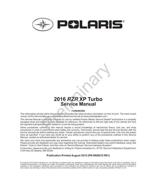 2016-2020 Polaris RZR XP Turbo Service Manual service manual preview page 2