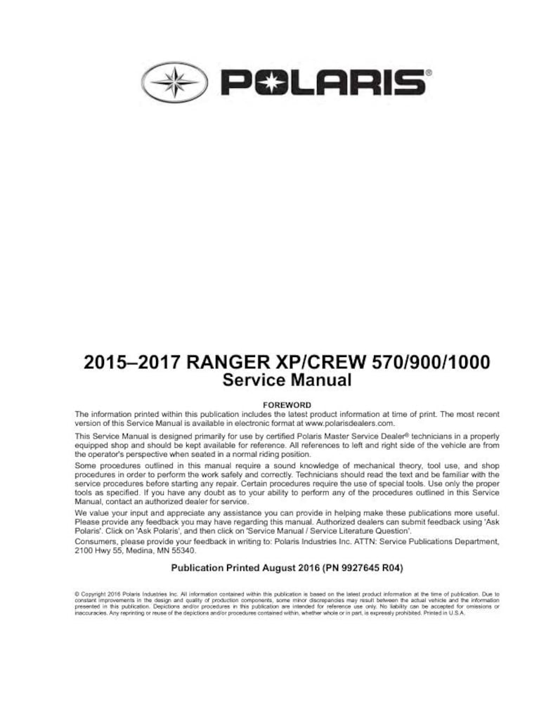 Polaris Ranger XP & Crew 570 900 1000 Service Manual service manual preview page 2