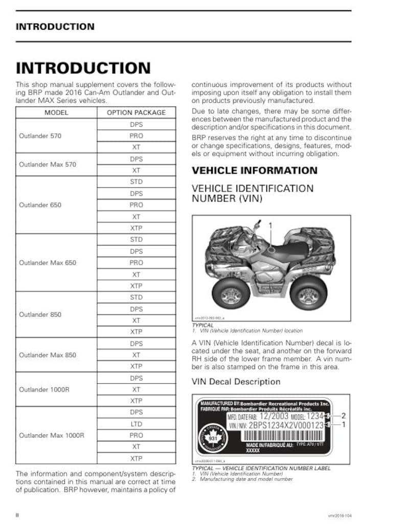 Can Am Outlander 570, 650 & 850 Standard Series Service Manual service manual preview page 3