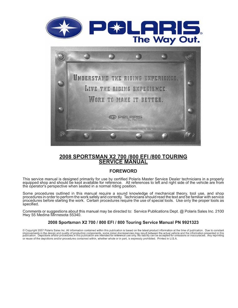 Polaris Sportsman X2 700 800 EFI Touring Service Manual service manual preview page 2