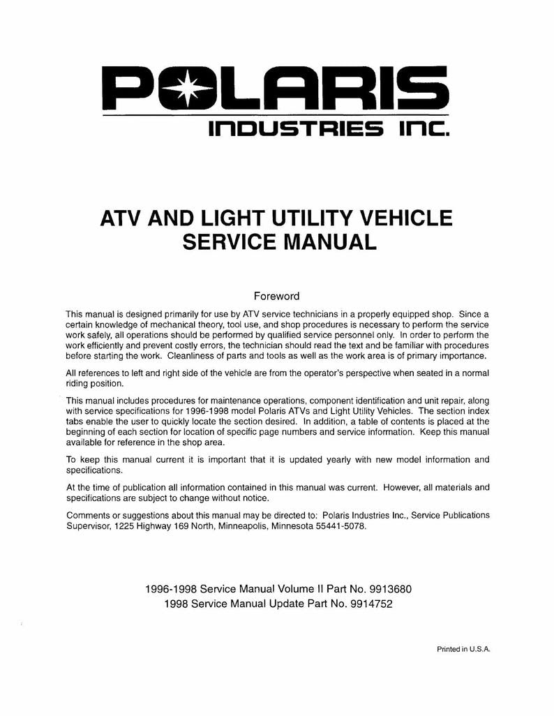 Polaris ATVs Service Manual service manual preview page 2