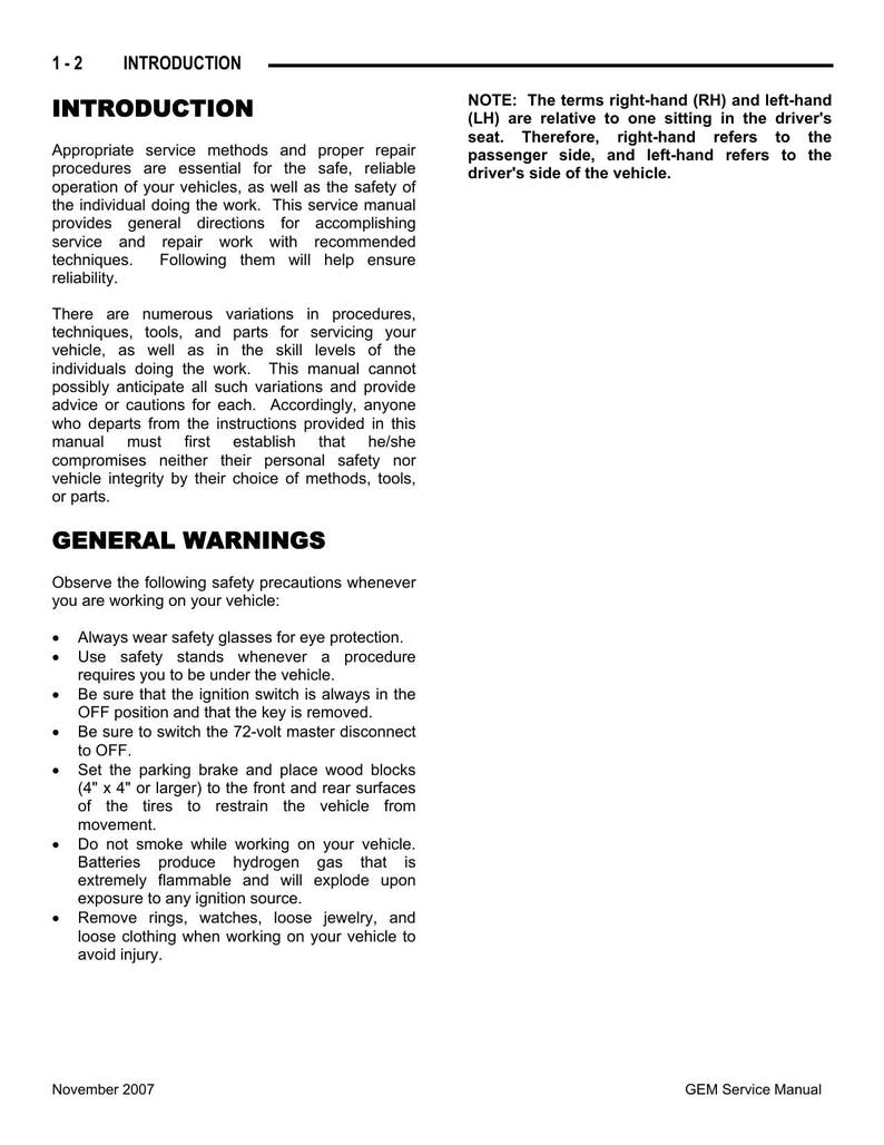 GEM e-Series Electric Vehicle Service Manual service manual preview page 5