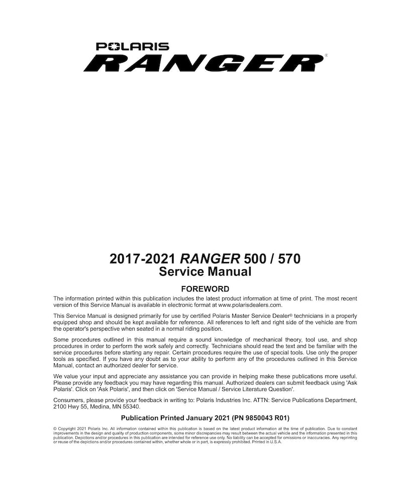 Polaris Ranger 500 570 Service Manual 2017-2021 UTV Repair service manual preview page 2