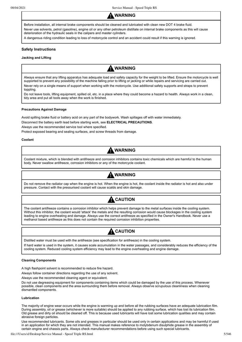 Triumph Speed Triple RS Service Manual service manual preview page 6