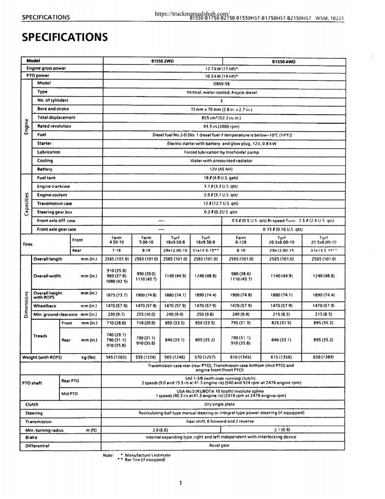 Kubota B1550 B1750 B2150 HST Tractor Service Manual service manual preview page 6