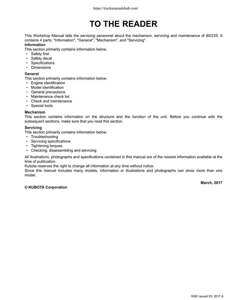 Kubota BX23S LA340 BT603 Service Manual 2017-2021 Tractor service manual preview page 6