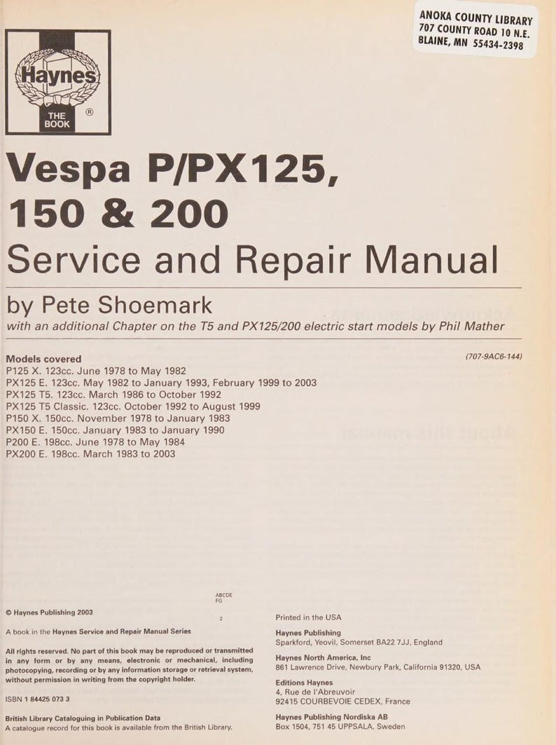 Vespa P PX125 150 200 Scooter Service Manual service manual preview page 4
