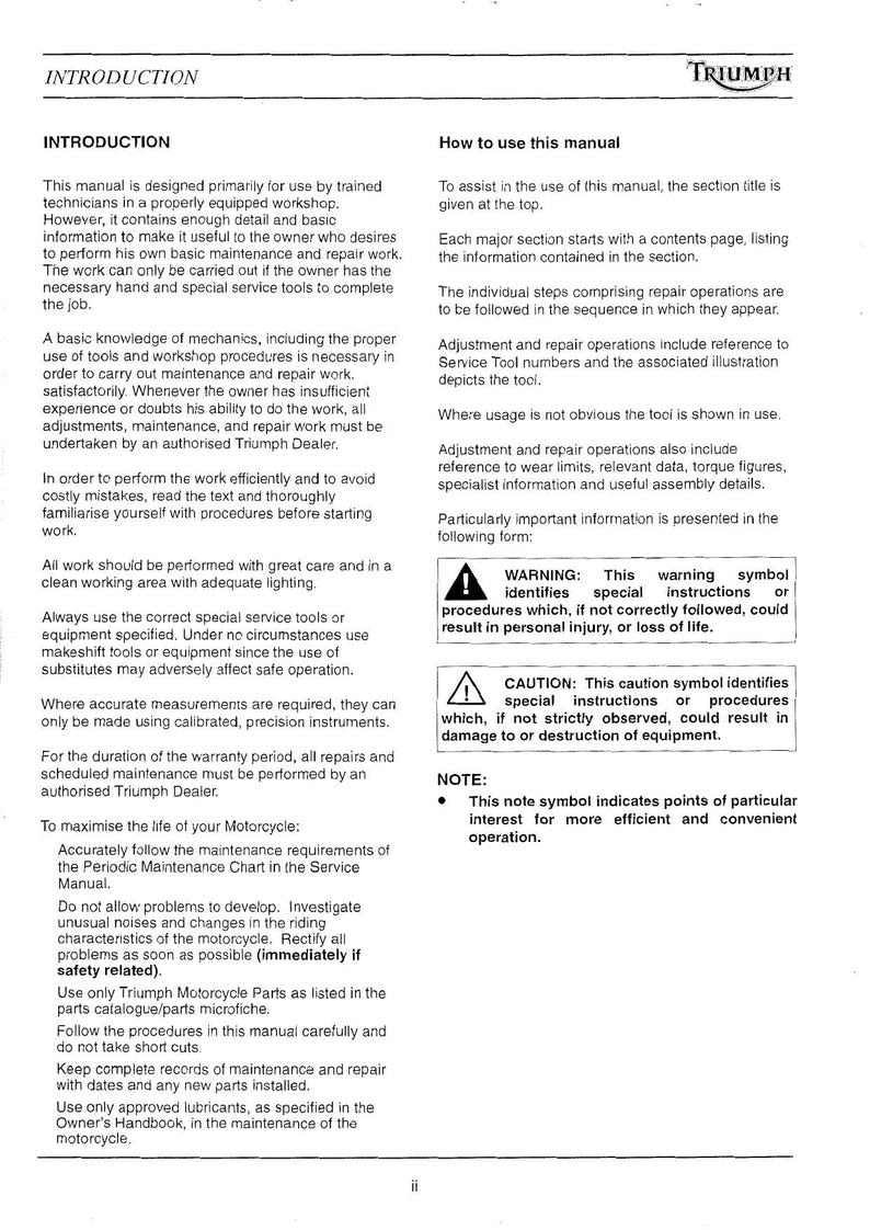 Triumph T300 750 1200 Service Manual 1991-1999 Motorcycle service manual preview page 7