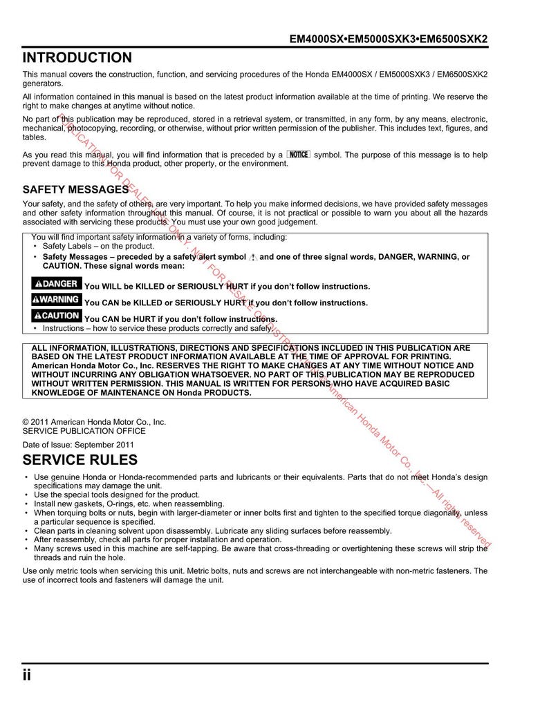Honda EM4000SX EM5000SXK3 EM6500SXK2 Generator Service Manual 2011-2015 service manual preview page 8