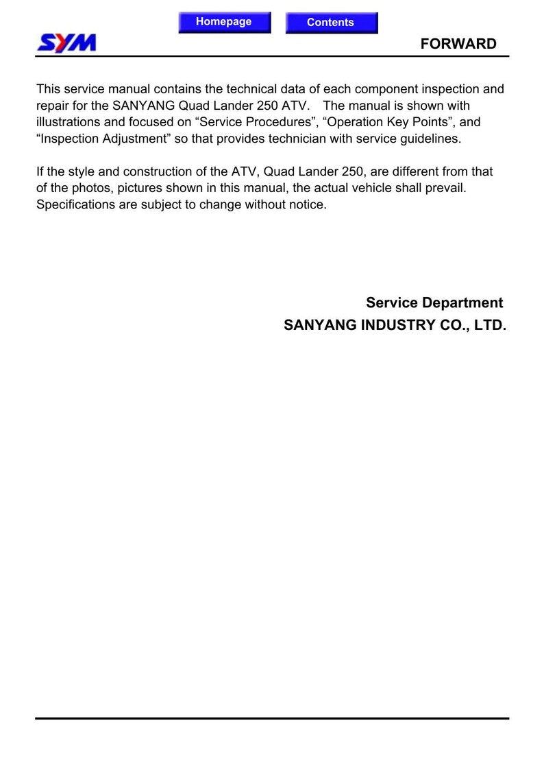 SYM Quad Lander 250 Service Manual 2003-2007 ATV UA25A service manual preview page 3