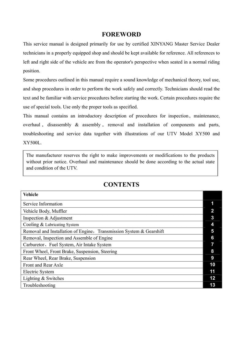 XY Powersports XY500 UTV Service Manual 2010-2014 4x4 utv service manual preview page 7