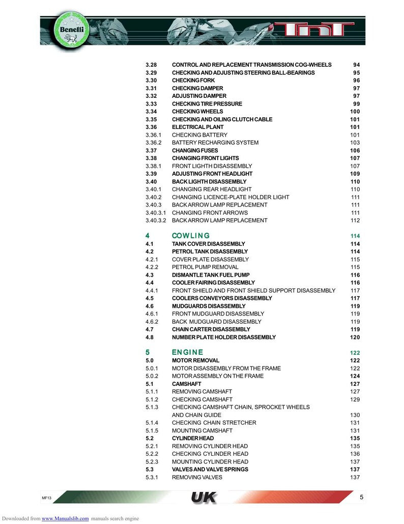 Benelli TNT 1130 Service Manual 2004-2008 Motorcycle Repair service manual preview page 10