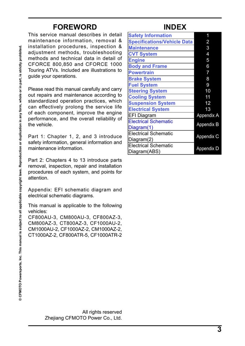 CFMOTO CFORCE 800 850 1000 Touring Service Manual 2024-2026 ATV service manual preview page 3