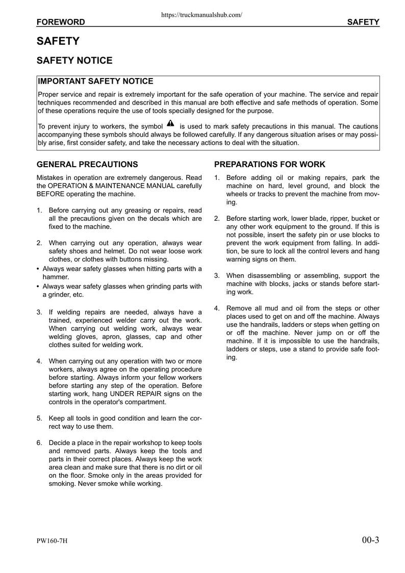 Komatsu PW160-7H Wheeled Excavator Service Manual 2006-2010 service manual preview page 6