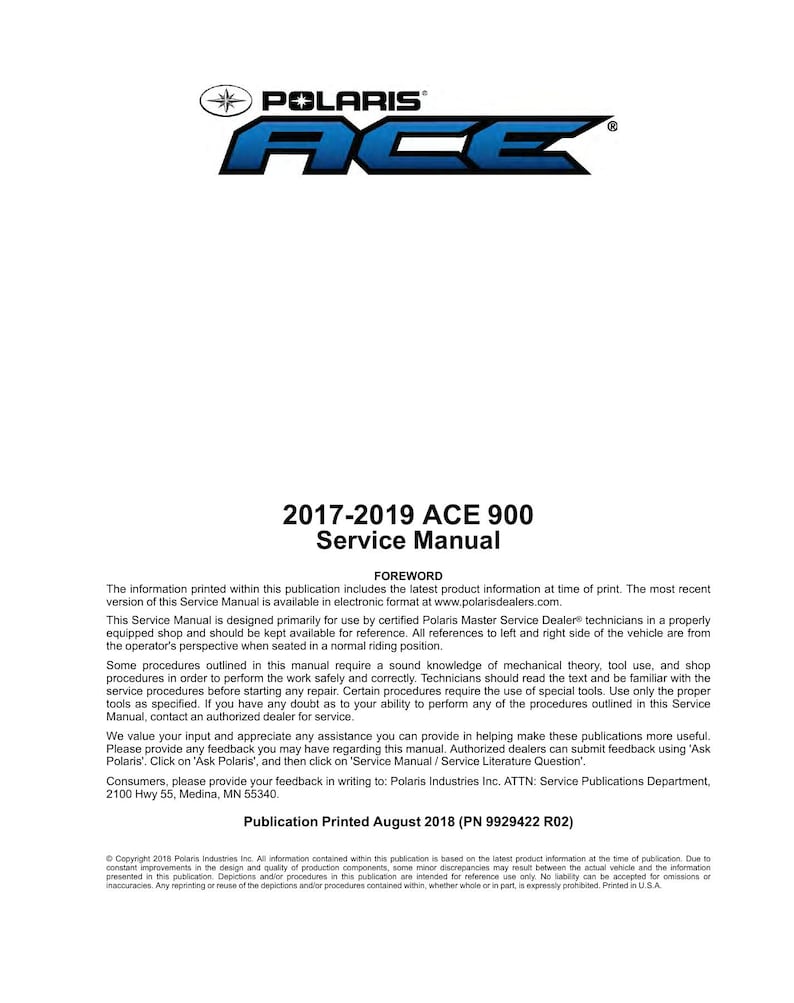 Polaris ACE 900 Service Manual PDF service repair manual cover