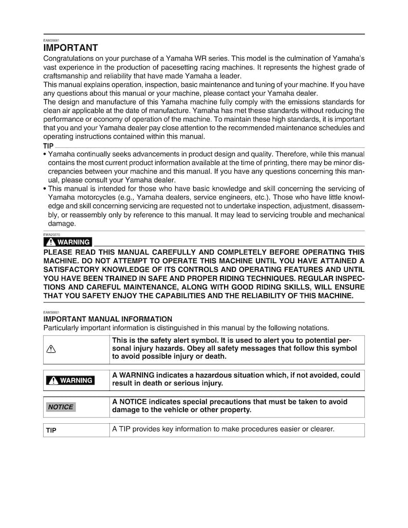 Yamaha WR450F Service Manual service manual preview page 6