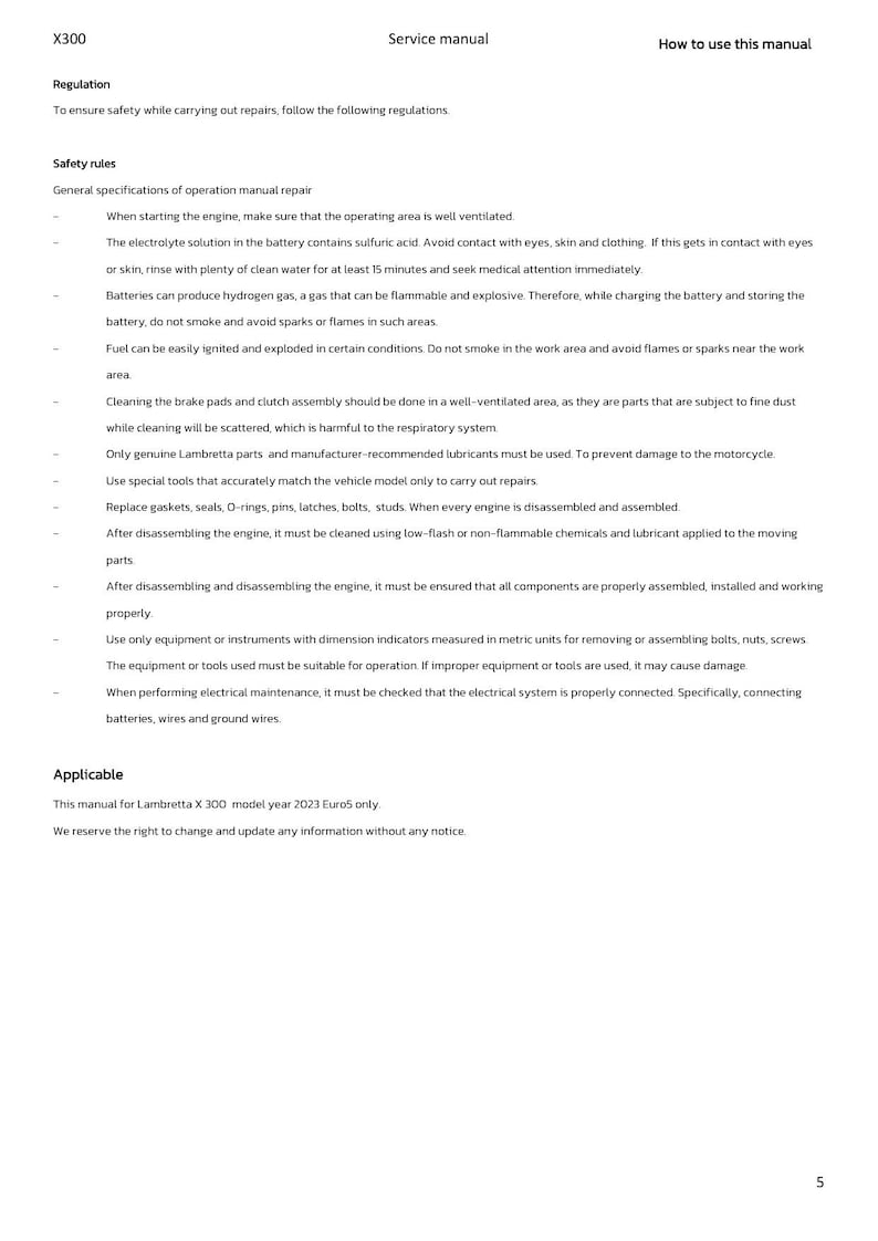 Lambretta X300 300cc Service Manual 2023-2027 Scooter Motorcycle service manual preview page 5