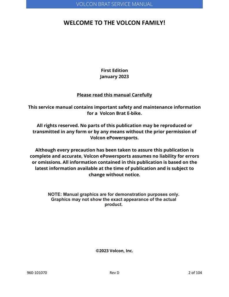 Volcon Brat E-Bike Service Manual 2023-2027 Electric Motorcycle service manual preview page 2