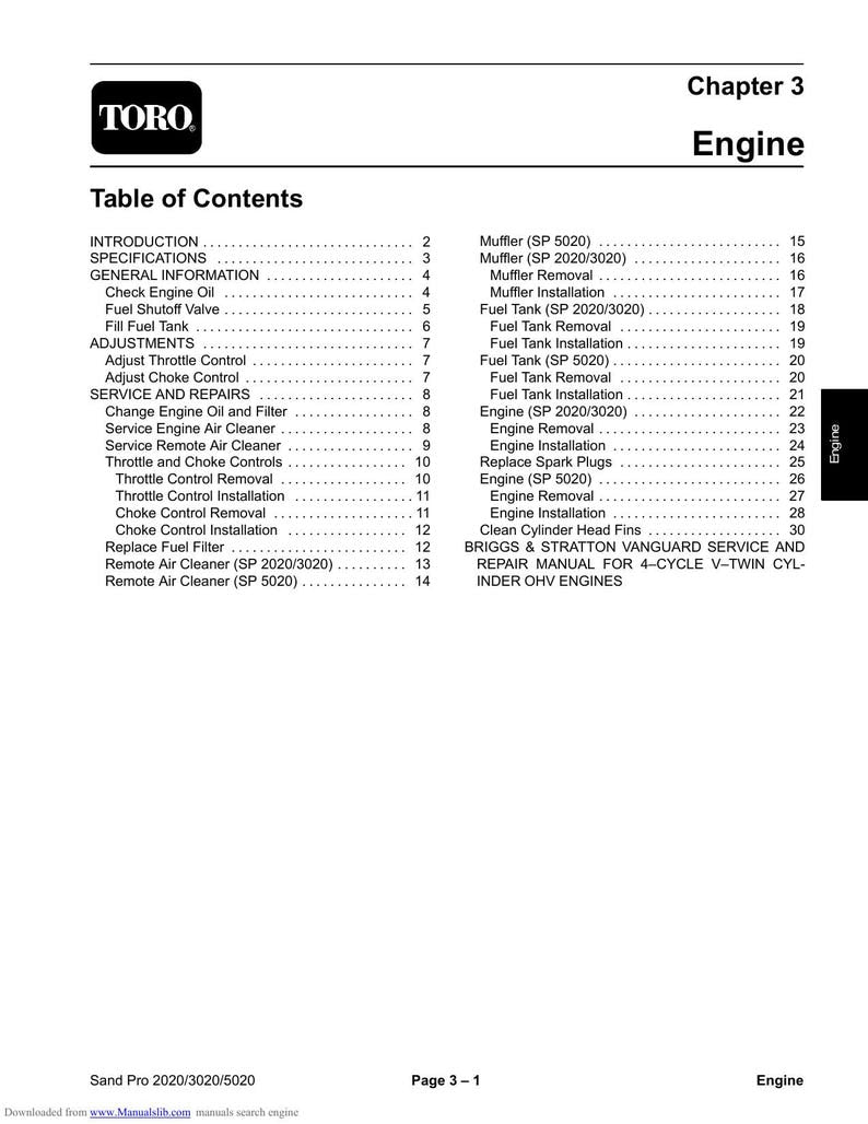 Toro Sand Pro 2020 3020 5020 Engine Service Manual PDF service repair manual cover