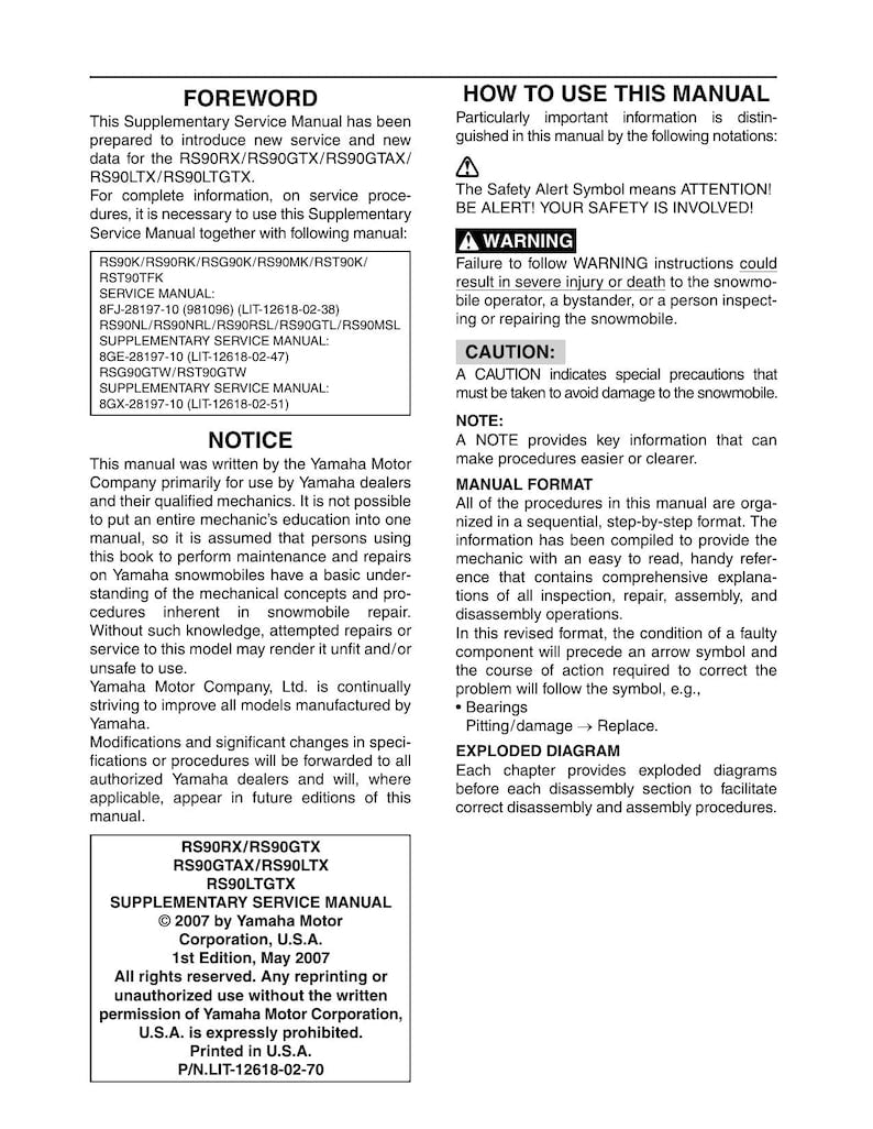 Yamaha RS Vector RS90 Snowmobile Service Manual service manual preview page 3