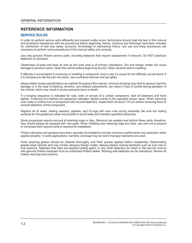 Polaris Ranger XP 900 1000 Service Manual service manual preview page 11