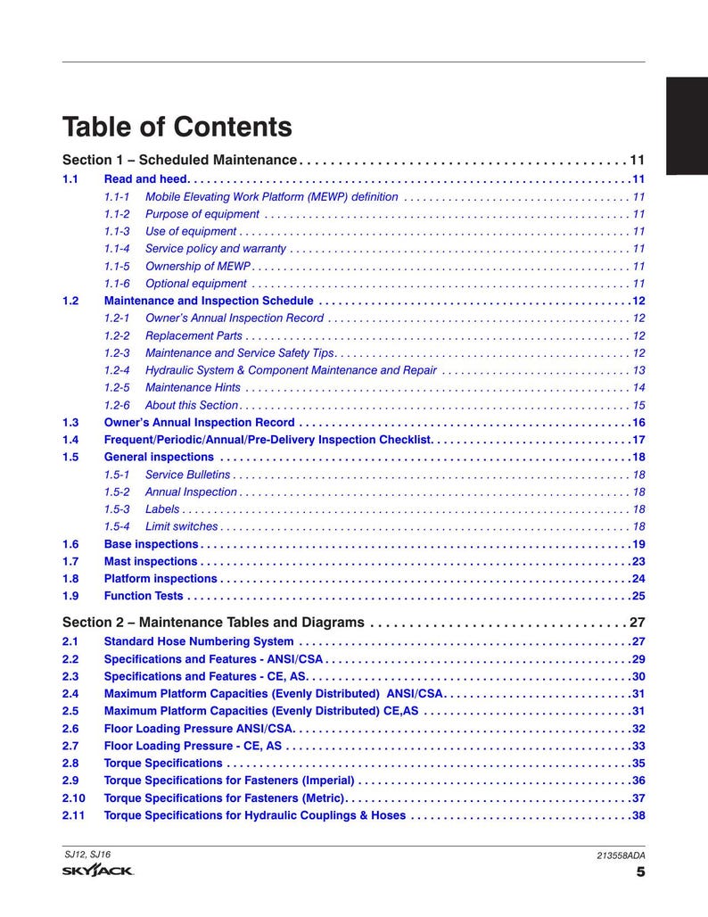 Skyjack SJ12 SJ16 Vertical Mast Service Manual 2022-2026 MEWP service manual preview page 5