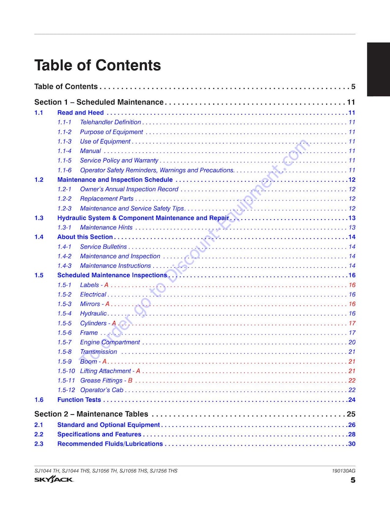 Skyjack SJ1044 SJ1056 SJ1256 Telehandler Service Manual service manual preview page 7