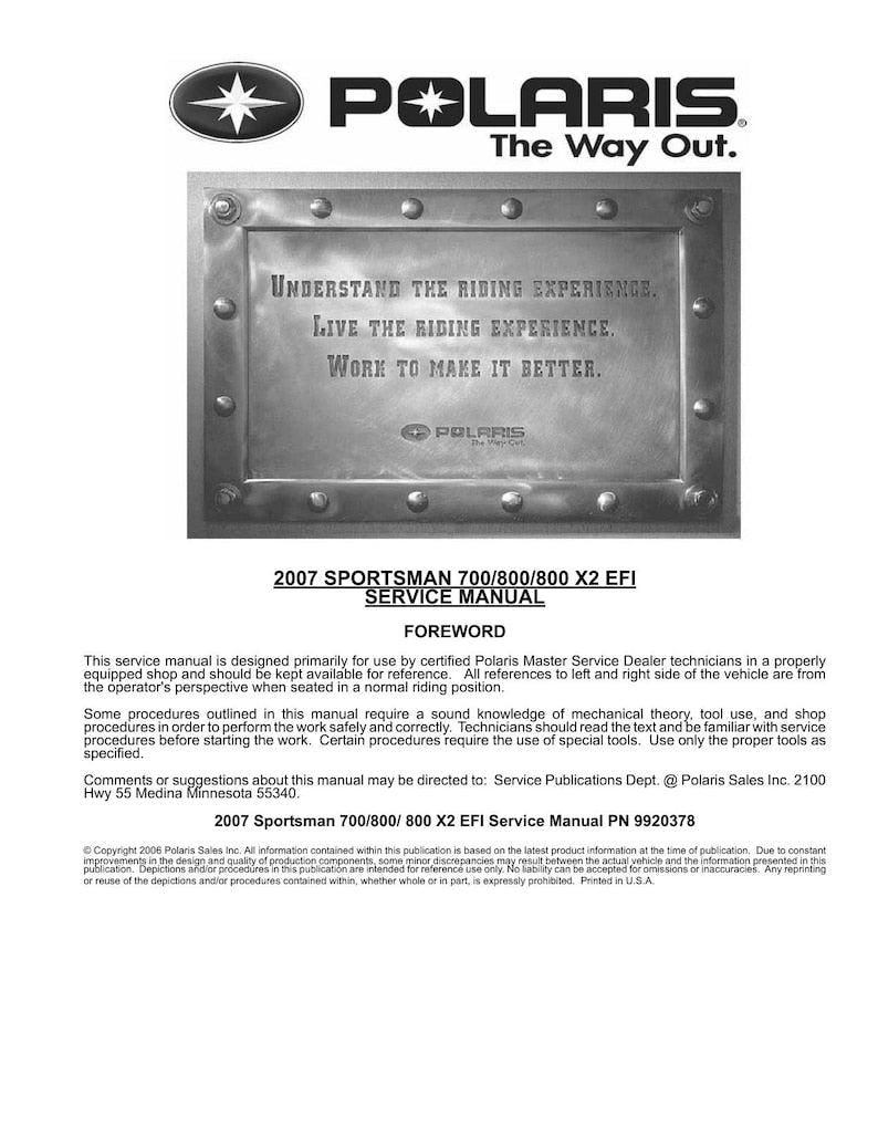 Polaris Sportsman 700 800 X2 EFI Service Manual 2007-2011 ATV service manual preview page 2