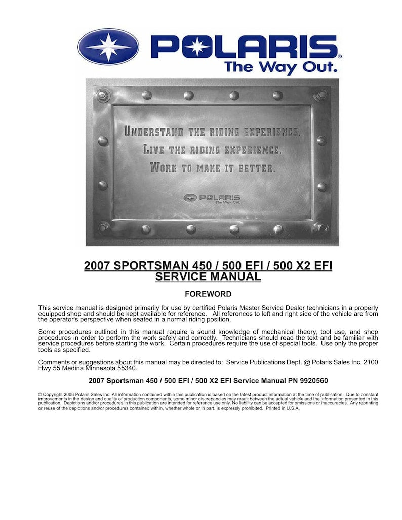 Polaris Sportsman 450 500 EFI X2 Service Manual 2007-2011 ATV service manual preview page 2