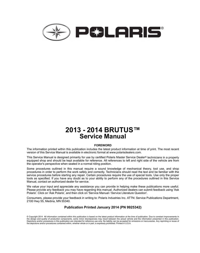 Polaris Brutus Service Manual 2013-2014 Diesel UTV service manual preview page 2