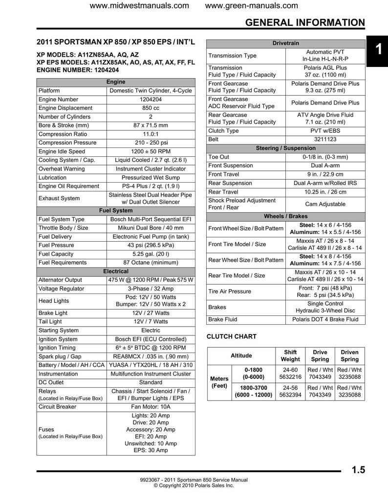 Polaris Sportsman 850 Service Manual 2011-2015 ATV XP X2 Touring service manual preview page 6