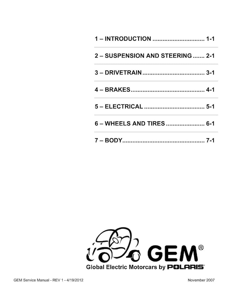 GEM e-Series Electric Vehicle Service Manual service manual preview page 2