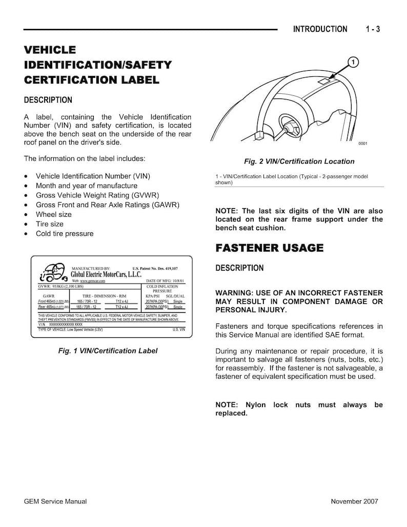 GEM e-Series Electric Vehicle Service Manual service manual preview page 6